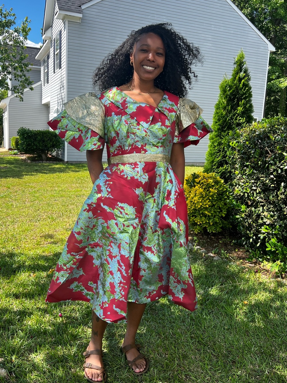 Red & Green Luxury Damask Brocade Dress- Elegant Women's A-Line